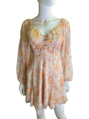 Sage +Paige Chiffon Mini Dress With Sheer Long Sleeves & Drawstring Chest M NWT